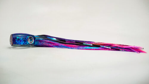 A long purple and blue tie with black stripes.