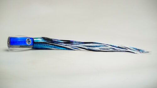 A blue and white long strip of glass