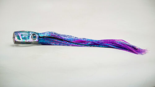 A long purple and blue scarf with a fish design.