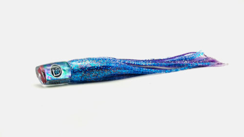 A blue fish is on the white surface