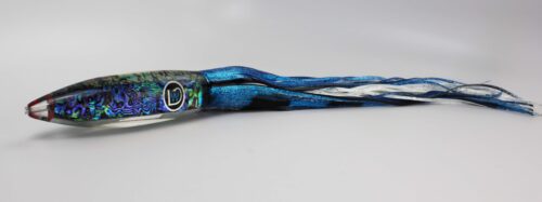 A blue and black snake is on the table